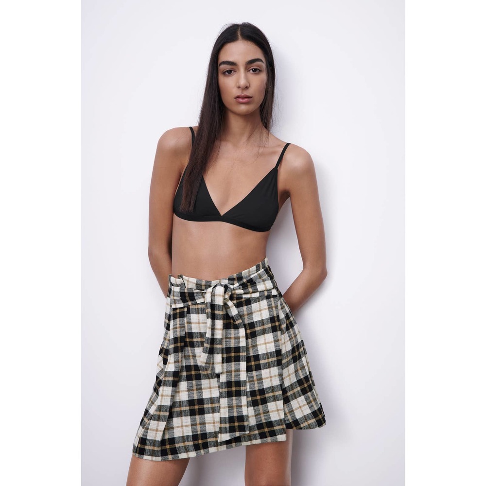 Zara Skirt Womens Large Check Plaid Cream & Black Tie Belt Mini Zip Back Flannel
